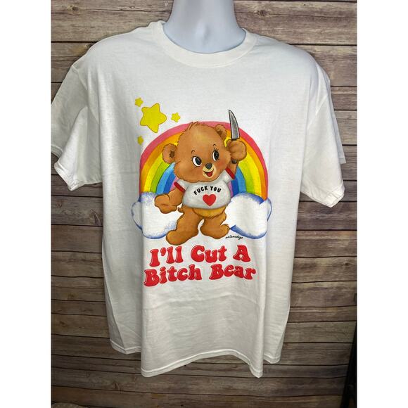Untamed Ego T-Shirt Size Large White “I’ll Cut A B@#@ Bear” Rainbow Funny Tee - Picture 2 of 8
